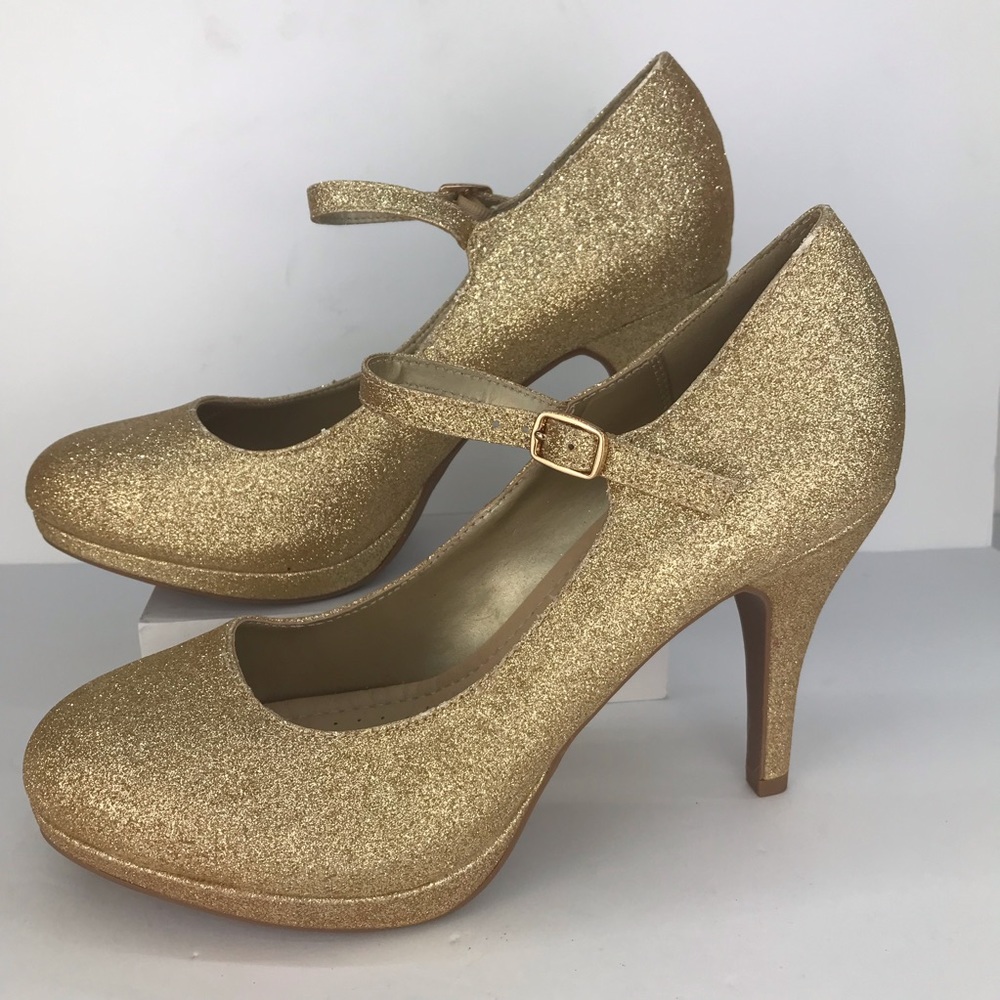 CityClassified Comfort Ankle Strap Glitter Pumps Gold Platform